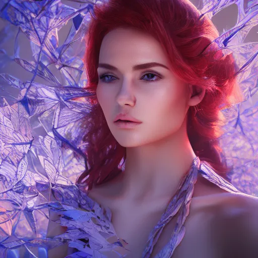 Image similar to a highly detailed digital image of a futuristic elegant woman wrapped with leaves, artstation, extremely detailed woman, stunning volumetric lighting, 4k,