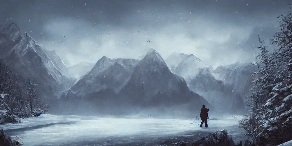 Image similar to A majestic landscape featuring a river, mountains and a forest. A small group of birds is flying in the sky. Harsh winter. very windy. There is a man walking in a deep snow.Camera is positioned behind the man. Cinematic, very beautiful, painting in the style of Lord of the rings