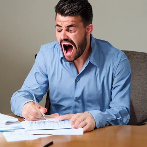 Image similar to man doing his taxes, man screaming