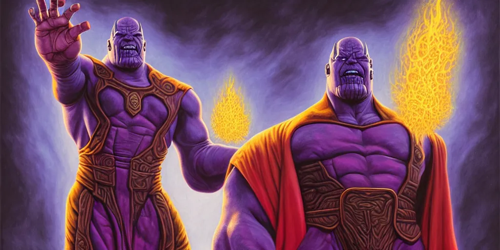 Image similar to south american thanos, as a matte oil painting and d & d character art, by alex grey, standing, fullbody, casting a magic spell, fog, concept art, award - winning, extremely detailed, sharp focus