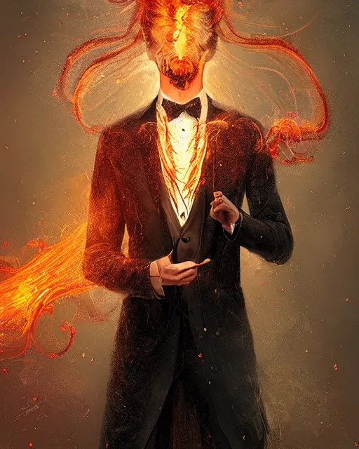 Prompt: a highly detailed portrait of serious male magician radiating a majestic fiery aura, back tuxedo, wispy tendrils of smoke, intricate, digital painting, old english, raining, sepia, particles floating, whimsical background by marc simonetti, artwork by ramond swanland and liam wong