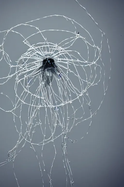 Image similar to a hypnotic jellyfish with tentacles made out of razor wire swimming underwater