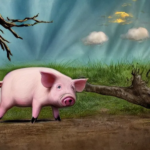 Prompt: the cute little pig has wings like angels, blue flames from his mouth, hit the dead trees on the prairie, under a clear sky, rich in detail, fantasy, avatar style