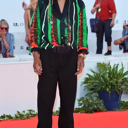 Prompt: bob Marley wearing Gucci outfit and walking on Canne festival red carpet