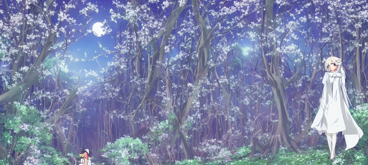 Image similar to illyasviel walking through enchanted ghibli clover | Big Moon at Blue Night | Trees with white flowers | bioluminescent blue FLOWERS | strong blue rimlit | visual-key | anime illustration | highly detailed High resolution | Light Novel | Visual Novel | In the style of Miyama-Zero, Yuuki Hagure