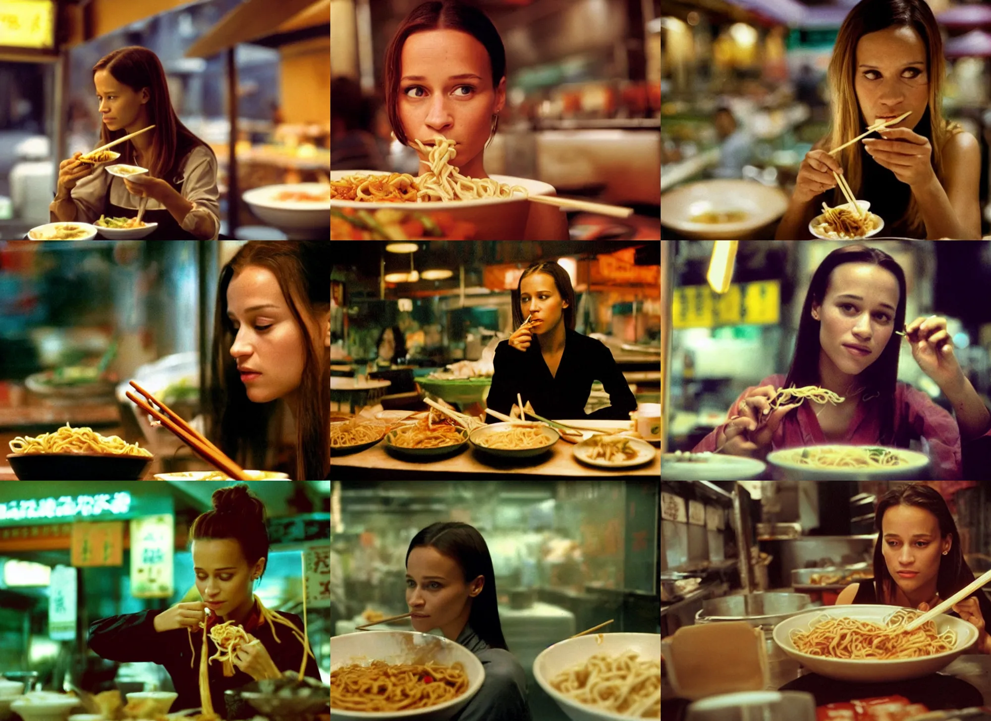 Prompt: A close-up, color cinema film still of a Alicia Amanda Vikander Eating noodles at a Asian food stall, ambient lighting at night, from Matrix(1999).