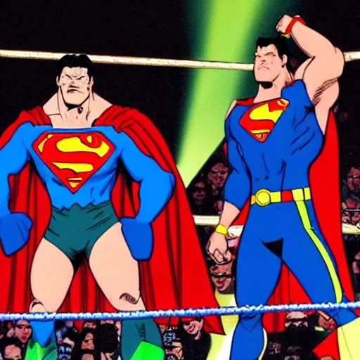 Prompt: supermen and hulk at WWE smacking down Vince McMahon