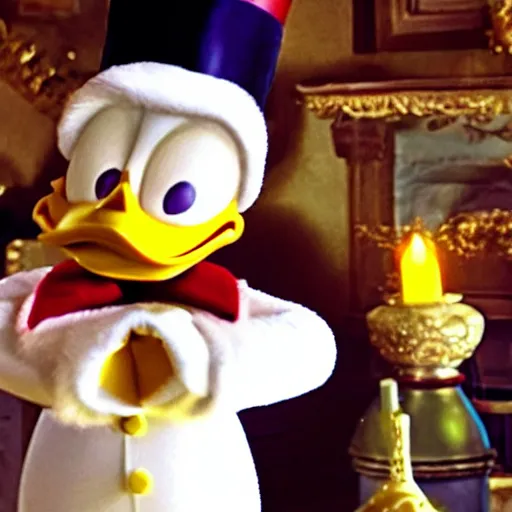 Image similar to hyperrealistic cgi Scrooge McDuck from Ducktales live-action movie still 8k hdr amazing lighting