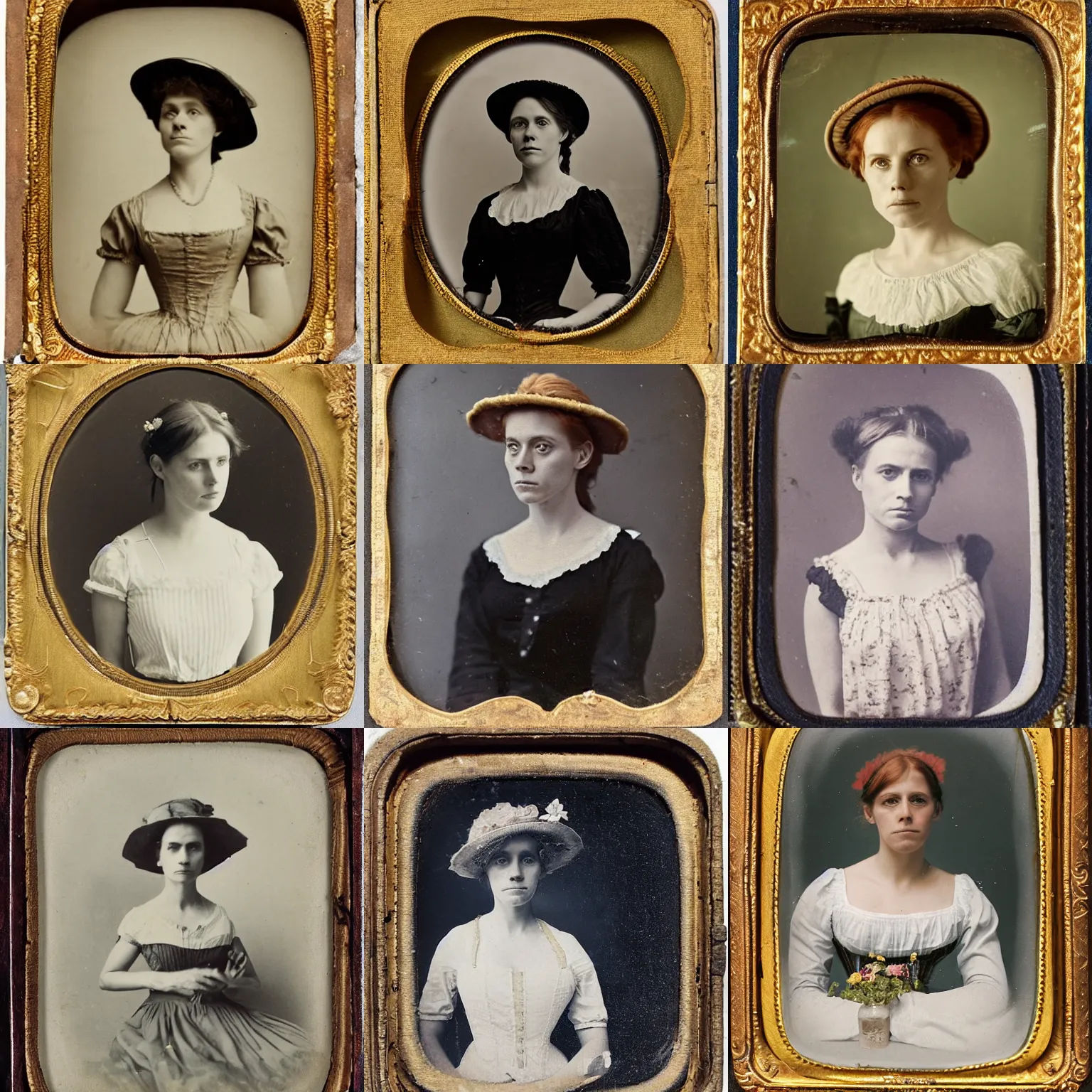 Prompt: a late 1 9 th century, 3 0 years old, austro - hungarian, sullen old maid ( redhead, tight bun, tight bun, straw hat decorated with too big flowers, looks a like amy adams mixed with anne - marie duff, but not pretty, as a strict school teacher ), 1 9 th century daguerreotype by emil rabending