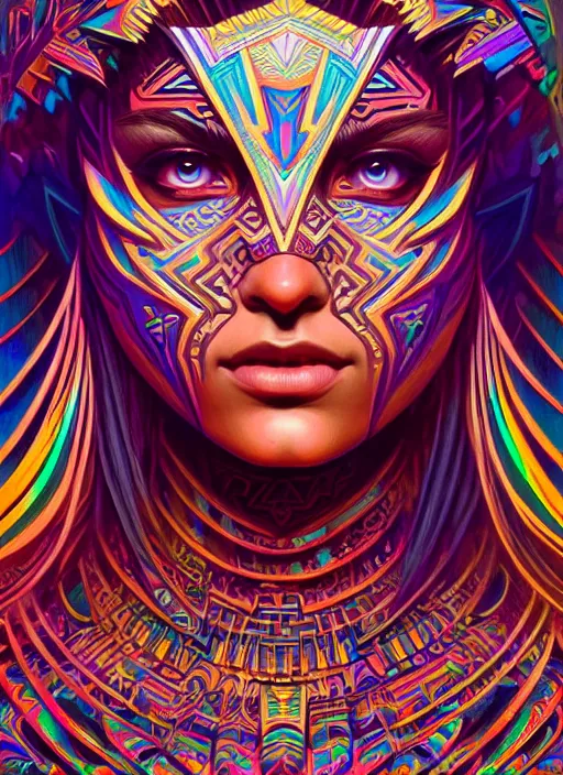 Image similar to hyper detailed ultra sharp of a beautiful tribal aztec trance girl. trending on artstation, warpaint aesthetic, earthwave, colorful, psychedelic, ornate, intricate, digital painting, concept art, smooth, sharp focus, illustration, art by artgerm and greg rutkowski and alphonse mucha, 8 k