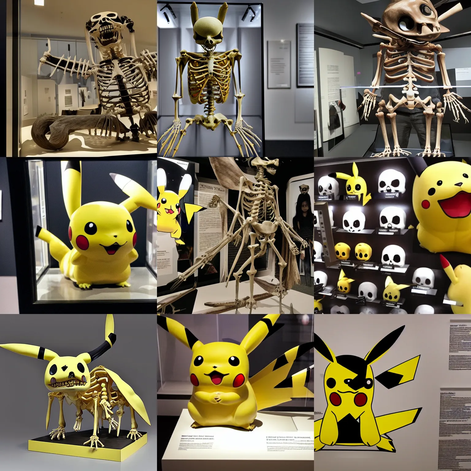 Prompt: pikachu skeleton on display in a museum