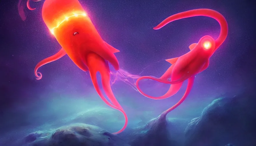 Prompt: anthropomorphic squid floating in a nebula in space, distant vibrant magical lights, volumetric lighting, puffy clouds, digital art, concept art, hyperdetailed, wallpaper, trending on artstation, film by denis villeneuve, style of denis villeneuve