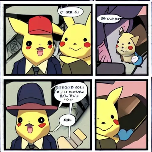 Prompt: detective columbo questioning detective pikachu