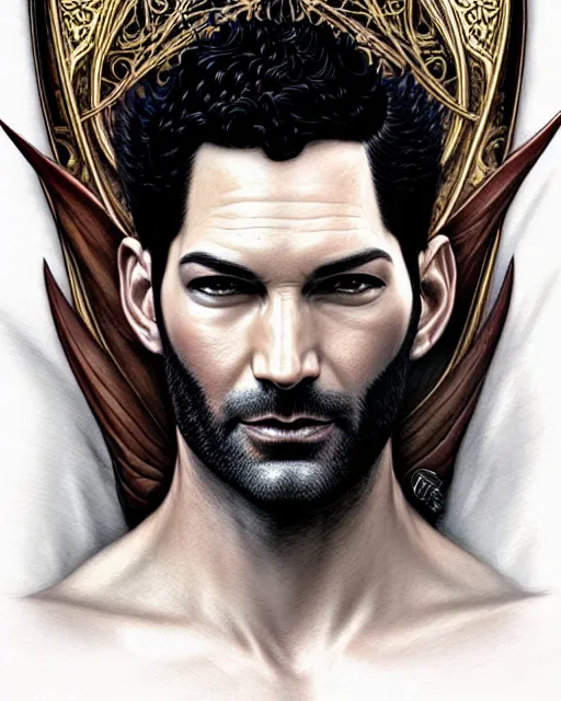 Image similar to tom ellis ( lucifer ) portrait, art nouveau, fantasy, intricate devilish designs, elegant, highly detailed, sharp focus, art by artgerm and greg rutkowski and wlop