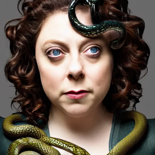 Prompt: rachel bloom as medusa with snakes for hair, real life, highly detailed, hyper realistic, 8 k resolution