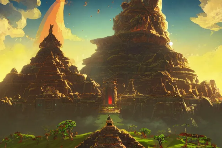Prompt: the ancient temple zelda botw, in the style of stephan martiniere and vicente segrelles, trending on artstation, back lighting tilt - shift cottagecore, abstract illusionism, movie poster, creature concept art, precisionism