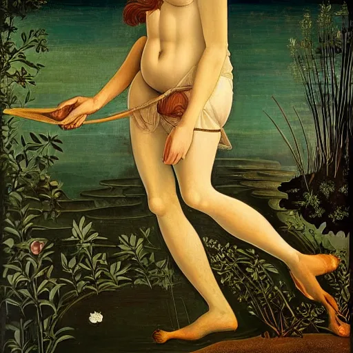 Prompt: sandro botticelli painting of daisy ridley as venus in a lush pond