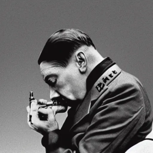 Prompt: photo of adolf hitler pointing a gun to his head while crying in the style of martin schoeller