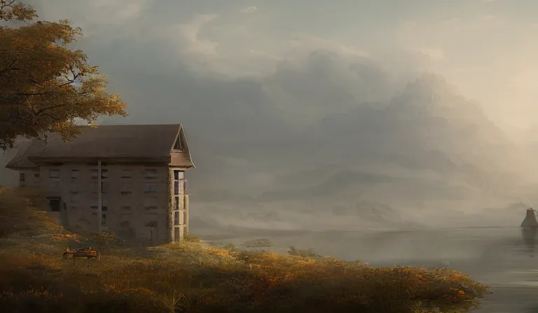 Image similar to A serene landscape with a singular building in the style of matte painting