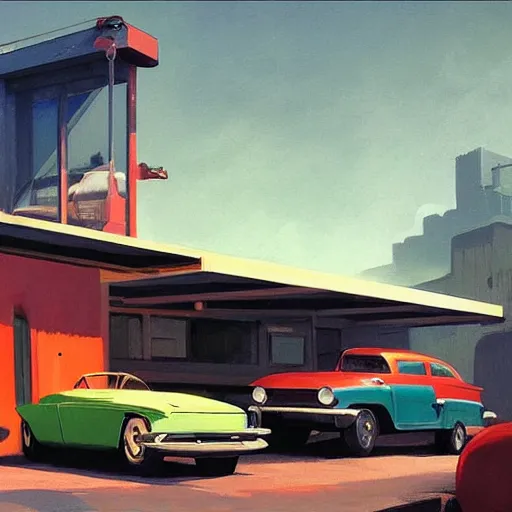 Image similar to a cinematic matte painting of a boxy 1 9 6 0 s retro - futurism sci - fi car with solar panels on roof and doors in a cluttered garage in mumbai. by edward hopper, glennray tutor and greg rutkowski. trending on artstation.