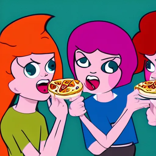 Prompt: powerpuff girls eating pizza as a realistic human, 4 k, highly detailed, art station