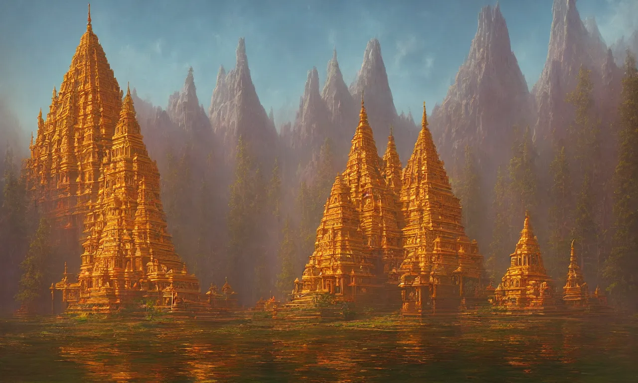 Image similar to A beautiful Hindu temple by Simon Stålenhag and Albert Bierstadt, oil on canvas