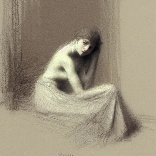pencil sketch of a lonely girl
