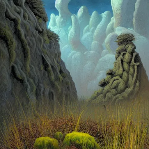 Prompt: artistic digital artwork of a lush natural scene on an alien planet. beautiful landscape by lurid ( 2 0 2 2 ), michael whelan and remedios varo. weird vegetation. cliffs and water. grainy and rough. interesting pastel colour palette. beautiful light. oil and water colour based on high quality render.