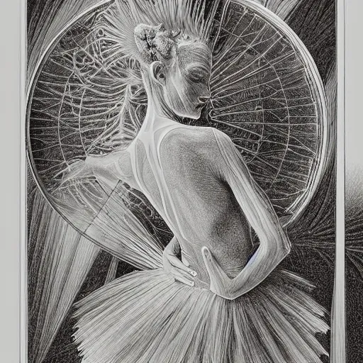 Prompt: hyper detailed bw linear pencil drawing, woman ballet dancer, organic symmetric shapes by ernst haeckel