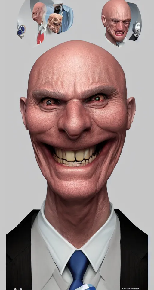 Image similar to a hyper realistic portrait of a smiling male alien in a suit for advertisement, artstation