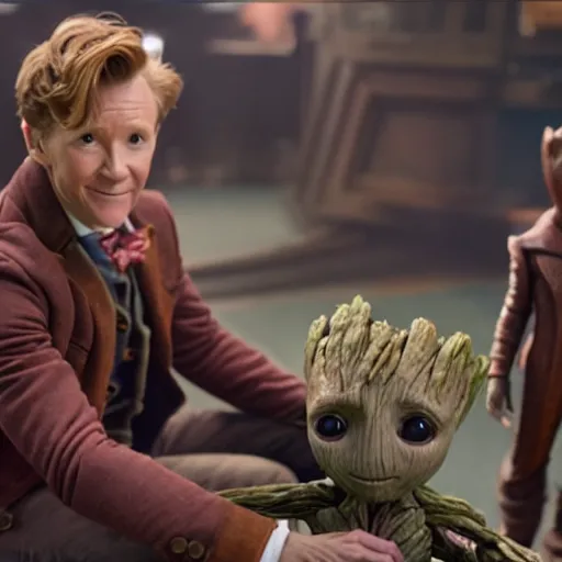 Image similar to newt scamander taking care of baby groot from guardians of the galaxy