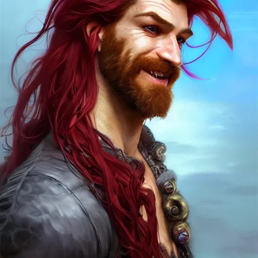 Prompt: portrait of a young ruggedly handsome but joyful pirate, male, masculine, soft hair, upper body, red crimson crimson hair, long flowing hair, fantasy, wide smirk, intricate, elegant, highly detailed, digital painting, artstation, concept art, matte, sharp focus, illustration, art by artgerm and greg rutkowski and alphonse mucha