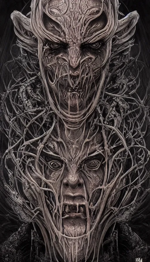 Image similar to Elden Ring and Doom themed painting of satanic demon hybrid cyborg beautiful angellic symmetrical face mask tattoo pattern concept, infinity glyph, intricate artwork by, Johnatan Wayshak, Zdizslaw Beksinski, face by Artgerm, H.R. Giger, very coherent artwork, cinematic, hyper realism, high detail, octane render, unreal engine, 8k, High contrast, golden ratio, trending on cgsociety, higly detailed black ink outline, crosshatch sketch gradient, ultra high quality model, production quality cinema model