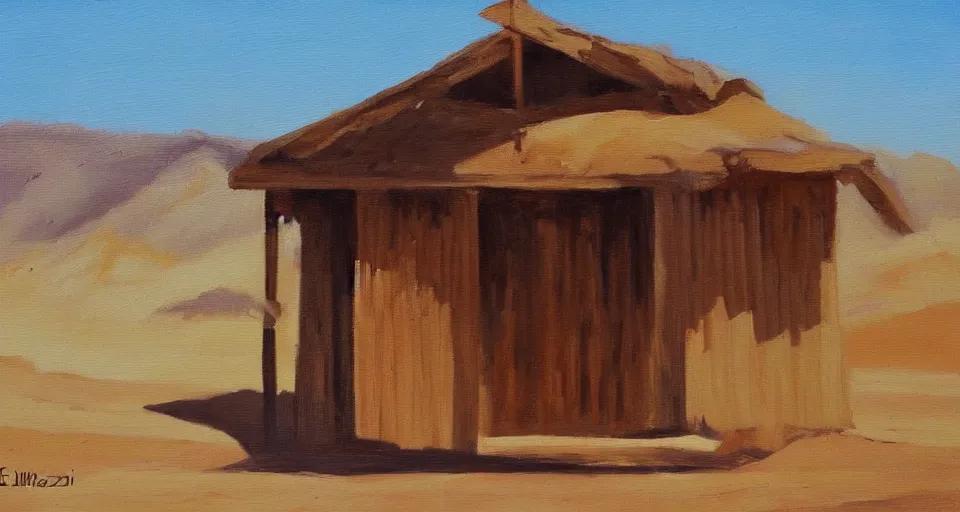 Prompt: a wooden shed in the desert, beautiful painting, oil on canvas, by ewa czarniecka, award winning masterpiece,