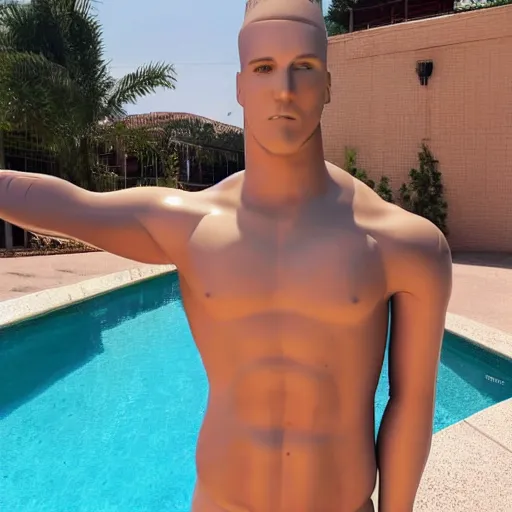 Image similar to “a realistic detailed photo of a guy who is an attractive humanoid who is half robot and half humanoid, who is a male android, baseball player Mike Trout, shiny skin, posing like a statue, blank stare, by the pool, on display”