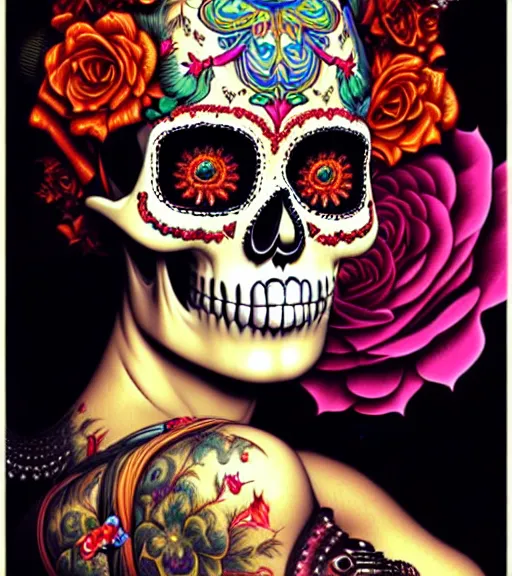 Prompt: a gorgeous fancy skull lady by dan mumford and gil elvgren, sugar skull, hyperrealism, intricate details, exceptional beauty, fool, rasterized