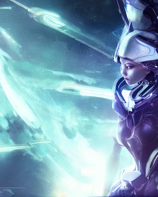 Image similar to perfect android girl on a mothership, warframe armor, beautiful face, scifi, futuristic, galaxy, nebula, raytracing, dreamy, long white hair, blue cyborg eyes, sharp focus, cinematic lighting, highly detailed, artstation, divine, by gauthier leblanc, kazuya takahashi, huifeng huang