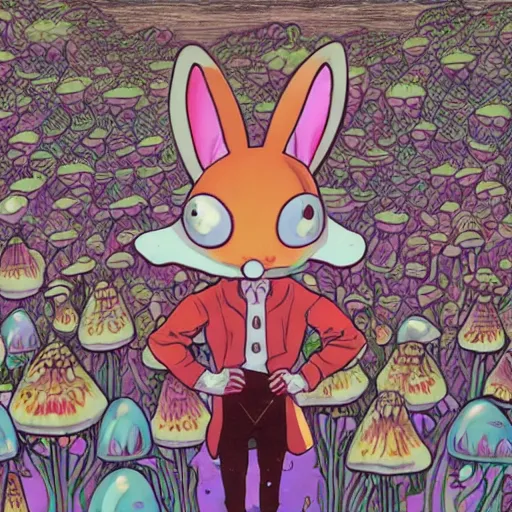 Image similar to 4 k headshot portrait of a psychedelic demonic anthropomorphic bunny rabbit with mushroom themed clothes, magic mushroom village in background. award winning. superb resolution. in the art style of junji ito and greg rutkowski. detailed mushroom city in background. hyper realistic anime. perfect art. dalle 2