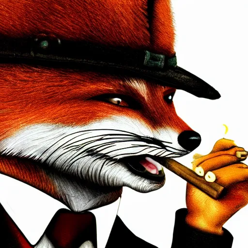 Prompt: detailed fox in a suit, smoking cigar, micro details, 4 k, high contrast, concept art, steampunk, bokeh, portrait, offset