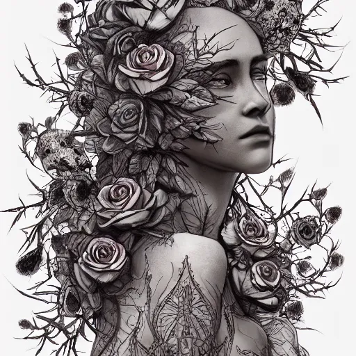 Image similar to the anatomy of a head of thorns with roses that resemble a beautiful young woman looking up, an ultrafine detailed illustration by james jean, intricate linework, bright colors, final fantasy, behance contest winner, vanitas, angular, altermodern, unreal engine 5 highly rendered, global illumination, radiant light, detailed and intricate environment