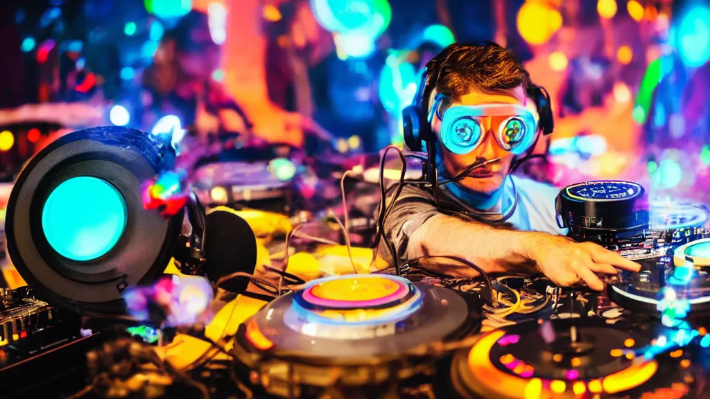 Image similar to a person wearing goggles and visor and headphones using a retro record player contraption, wires and tubes, turntablism dj scratching, intricate planetary gears, cinematic, imax, sharp focus, leds, bokeh, iridescent, black light, fog machine, hazy, lasers, hyper color digital art