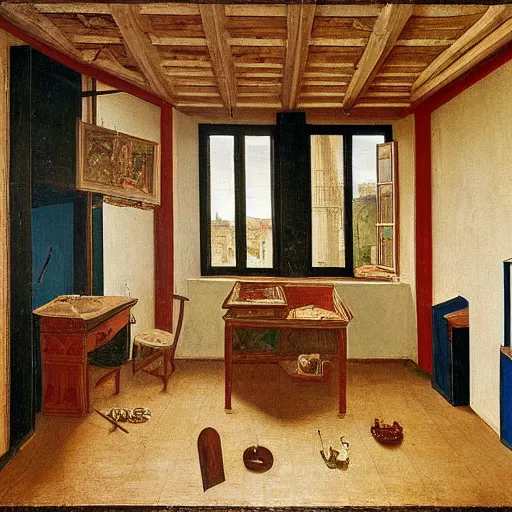 Prompt: very detailed interior of a building, bedroom of an artist in the style of Hugo van der Goes (1440–1483), Flemish painter