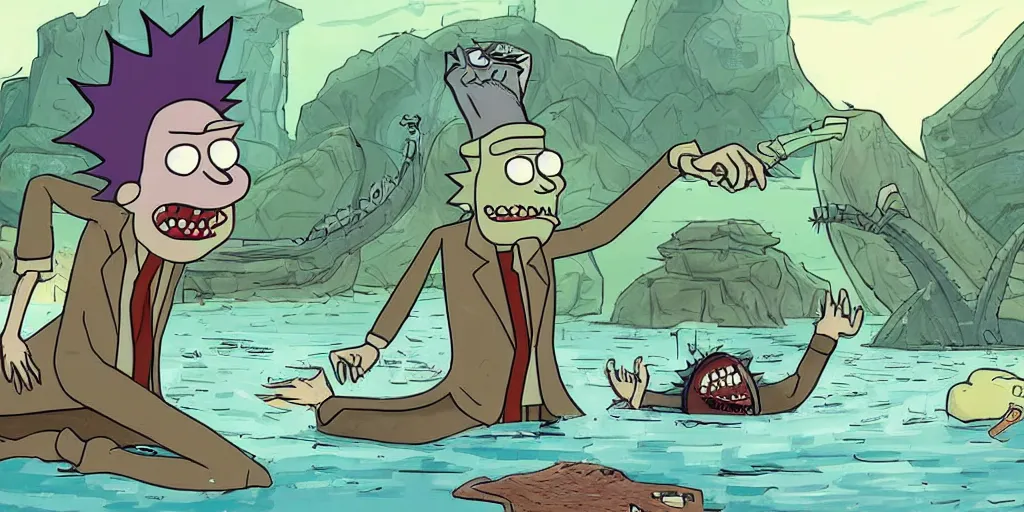 Prompt: rick sanchez falls into a river and gets eaten by a crocodile. concept art for rick and morty.