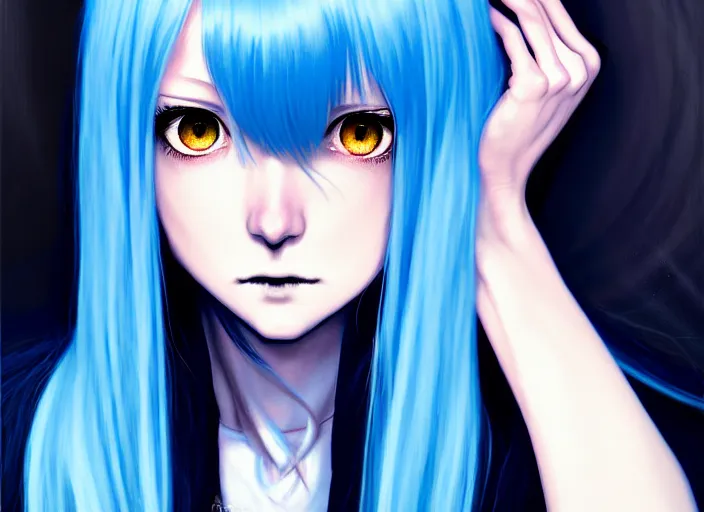 Image similar to full face shot of rimuru tempest, sky blue straight hair, long bangs, with amber eyes, wearing a black jacket, high collar, ultra detailed, concept art, award winning photography, digital painting, cinematic, wlop artstation, closeup, pixiv, evil, yoshitaka amano, andy warhol, ilya kuvshinov,