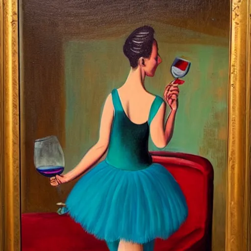 Image similar to painting of a ballerina drinking wine in a teal room, red background