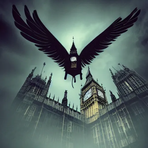 Image similar to A witch flying high in the sky above the tall buildings,the Big Ben is in background, top down perspective,gloomy lighting,creepy atmosphere,digital art , highly detailed , high contrast, beautiful lighting, award winning , trending on art station, 8k, photo realistic