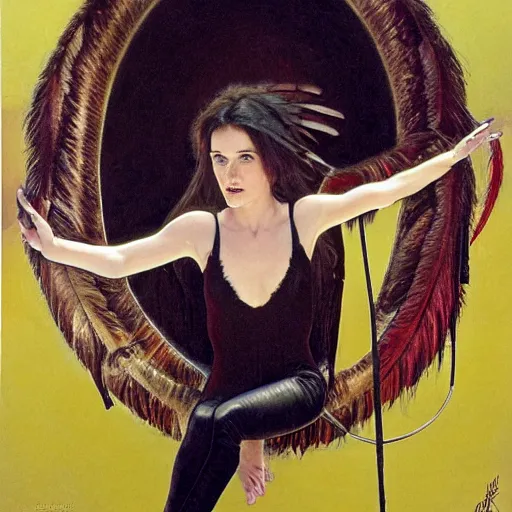 Image similar to young jennifer connelly the dark swan queen, black feathers instead of hair, feathers growing out of skin, black bodysuit, moulting, suspended in zero gravity, on spaceship with cables hanging down, highly detailed, mike mignogna, ron cobb, mucha, oil painting