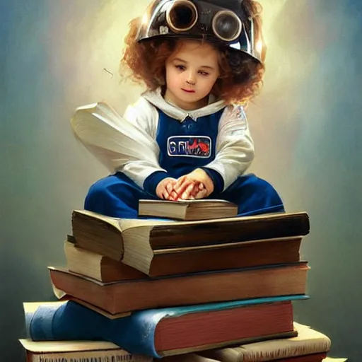 Image similar to a cute little girl with a mischievous face and short brown wavy curly hair sitting on top of a tall pile of books. she is dressed as an astronaut. well composed, clean elegant painting, beautiful detailed face. art by artgerm and greg rutkowski and ( alphonse mucha )