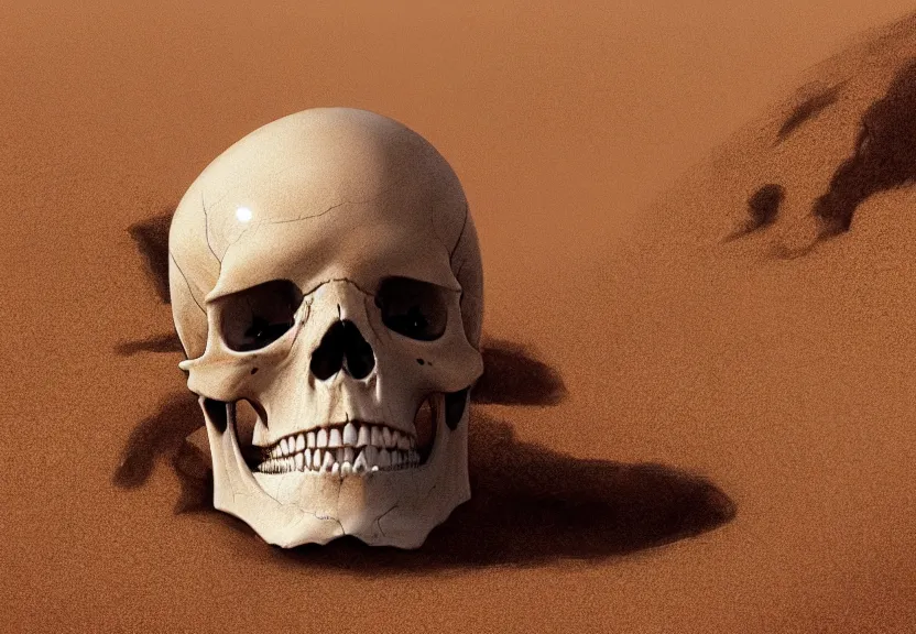 Image similar to close shot of a human skull buried in the sahara desert sand, a realistic digital painting by greg rutkowski and james gurney, trending on artstation, highly detailed