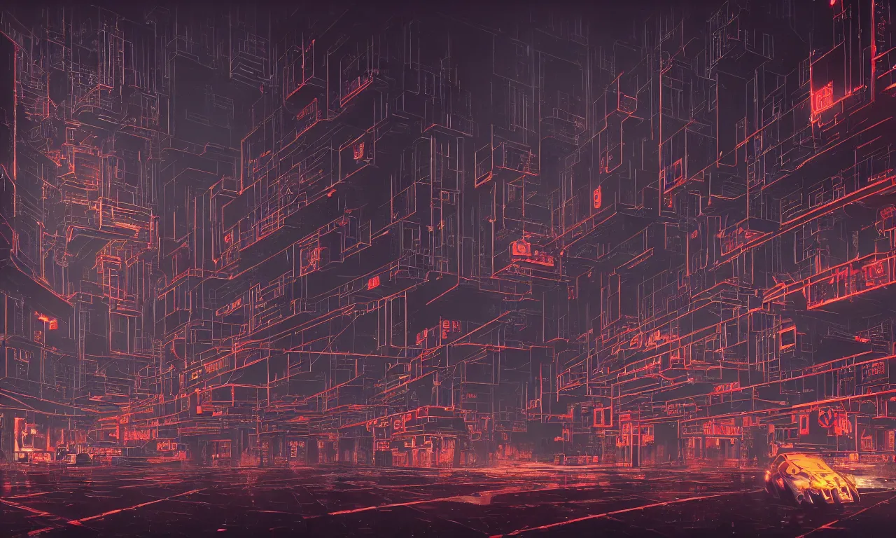 Image similar to fractal circuit motherboard, brutalist buildings, metal, concrete, wet streets, neon lights, neon signs, vehicles, pedestrians, syd mead, ralph mcquarrie, doug chiang, concept art, matte painting, finely detailed, minimal artifacts, rule of thirds, dynamic lighting, cinematic, denoised, centered, artstation